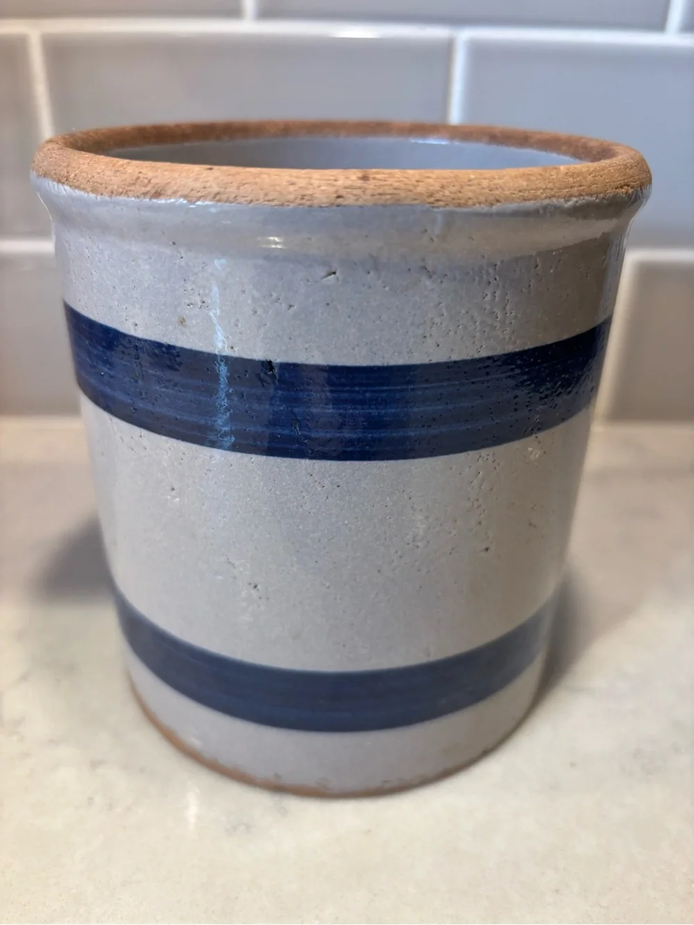 Vintage Stoneware Crock Canister Utensil Holder Cottage Kitchen Pottery